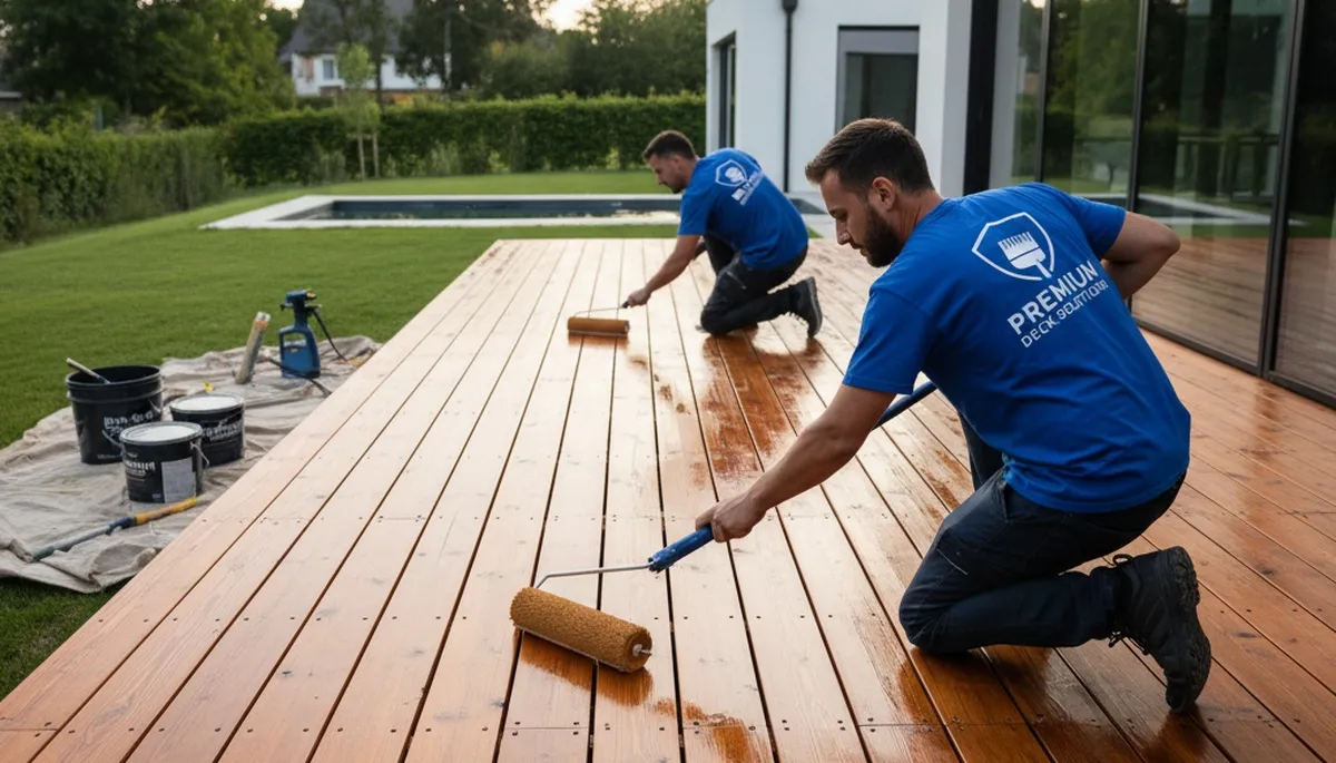San Francisco, CA painter sealing a deck to protect wood from fog, salt air, and sun damage